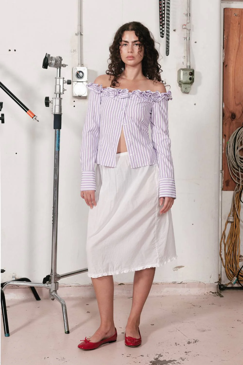 JESSIE RUFFLE SHIRT | PURPLE PINSTRIPE - Image 3